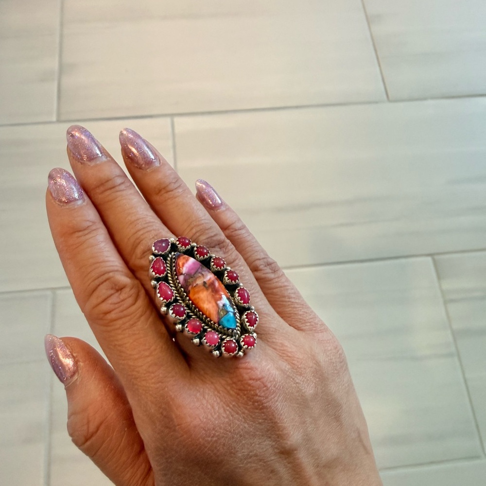 Nizhoni Traders Pink Opal, Pink Dream Mojave, Sterling Silver Adjustable Ring - Picture 9 of 9